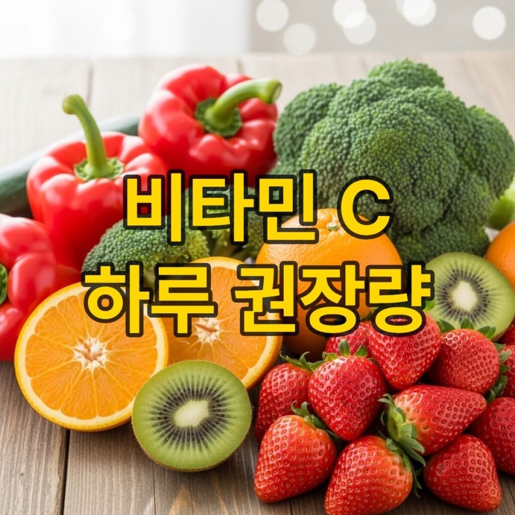 신선한 파프리카, 브로콜리, 오렌지, 키위, 딸기 등 비타민 C가 풍부한 다채로운 채소와 과일 이미지.