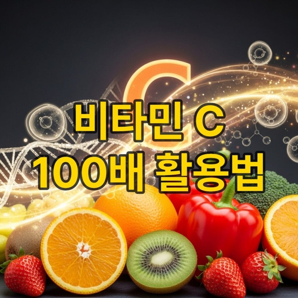 다채로운 비타민 C가 풍부한 과일과 채소들이 활성산소 중화 및 면역력 강화 효과를 상징하는 빛과 함께 어우러진 건강하고 활기찬 이미지.