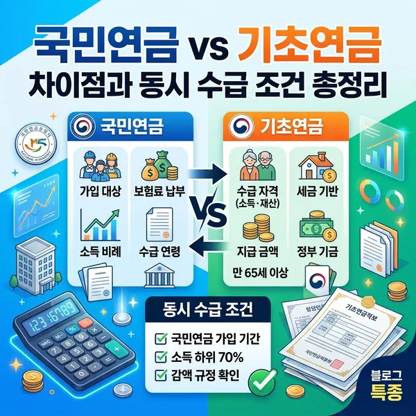 국민연금과 기초연금 차이점 및 동시 수급 조건 안내